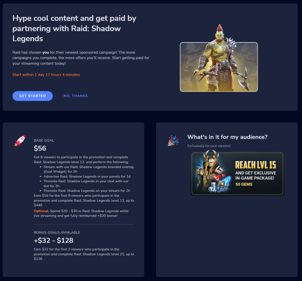 Raid: Shadow Legends sponsorship offer example